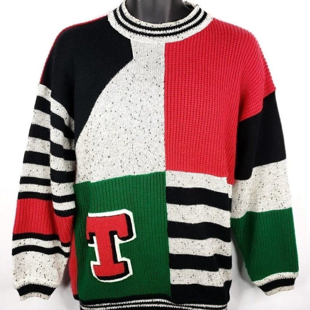 Tangiers Colorblock Letter Sweater Vintage 80s Striped Crew Neck Varsity Mens S